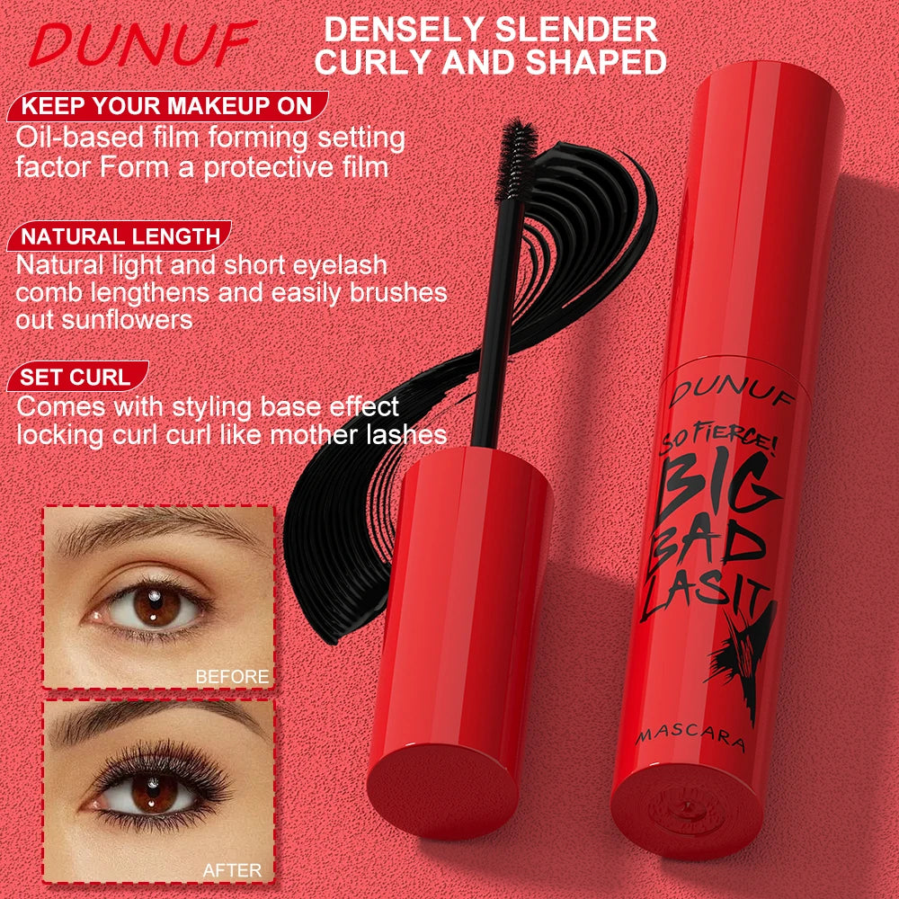 DUNUF Long Lasting Waterproof Mascara - Curling, Thickening & Smudge-Proof Eyelash Makeup for Beginners