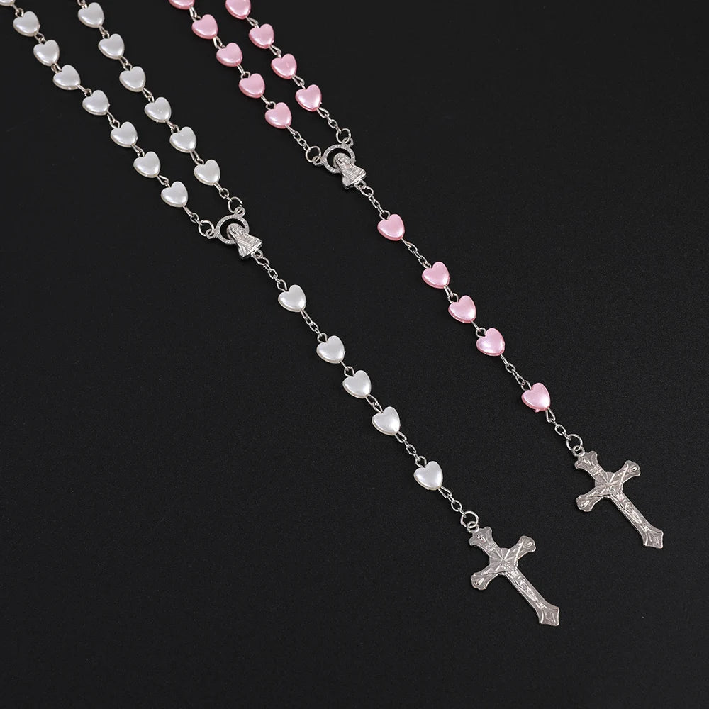 Pink & White Heart Rosary Necklace – Virgin Mary Cross Pendant Beaded Chain Religious Prayer Jewelry Gift for Men & Women