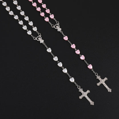 Pink & White Heart Rosary Necklace – Virgin Mary Cross Pendant Beaded Chain Religious Prayer Jewelry Gift for Men & Women