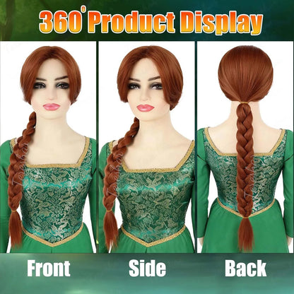 Fiona Princess Long Braided Wig - Reddish Brown Synthetic Hair for Halloween Cosplay & Parties