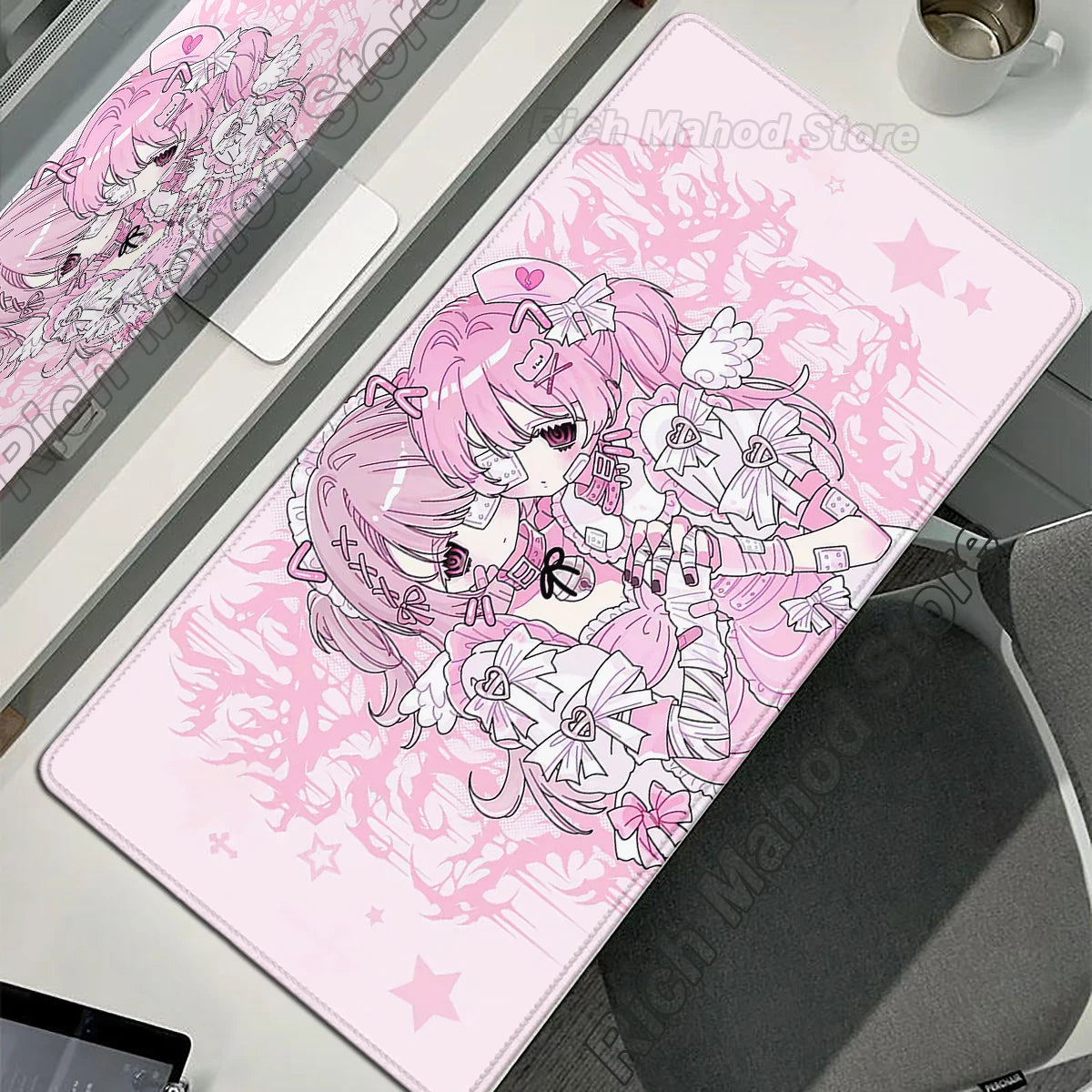 Anime Cute Angel Girl XXL Mouse Pad — Extended Gaming Desk Mat for Laptop, PC, Keyboard, Kawaii Pink Mousepad Carpet