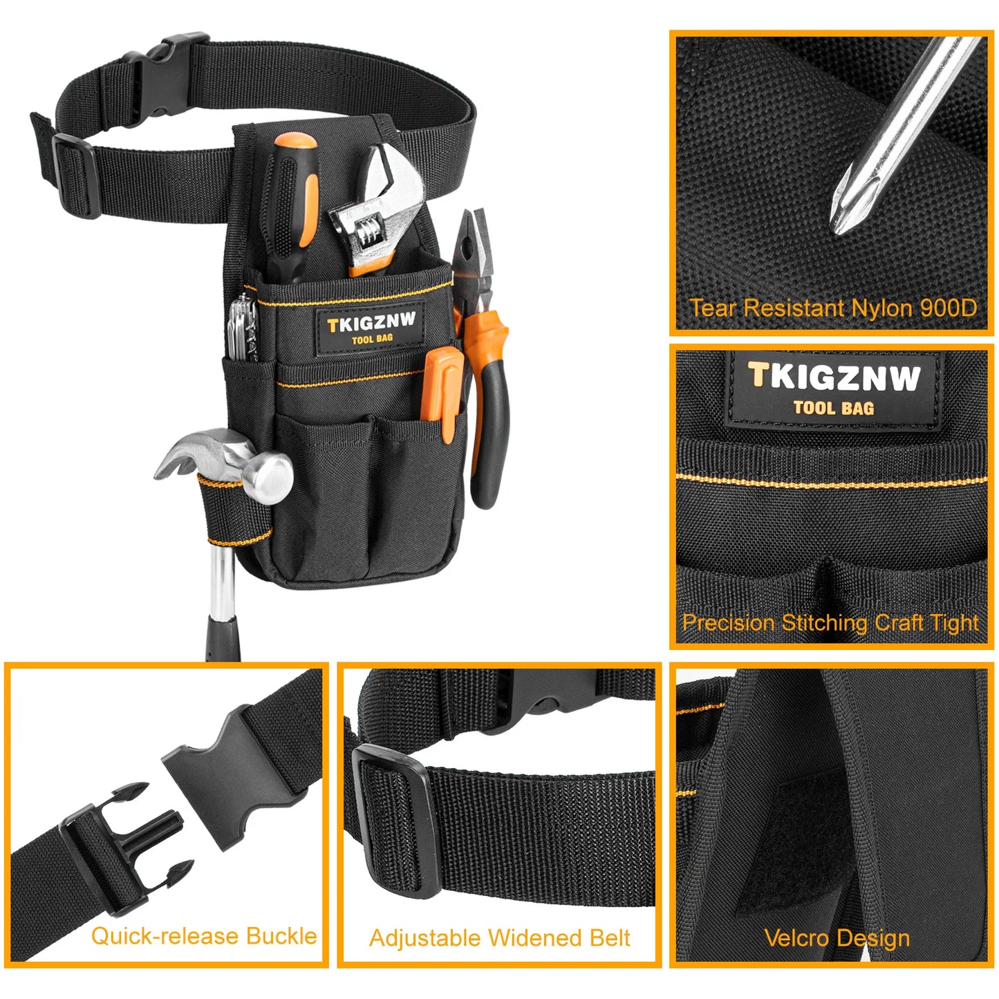 TKIGZNW Heavy-Duty Pocket Tool Pouch - 6-Pouch Electrician Tool Belt with 9 Screwdriver Loops & Adjustable Belt