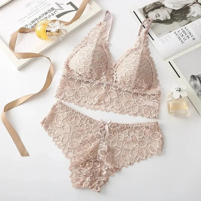 Sexy Lace Lingerie Set – Seamless Wire-Free Bra & Panty with Embroidery Hollow-Out Design