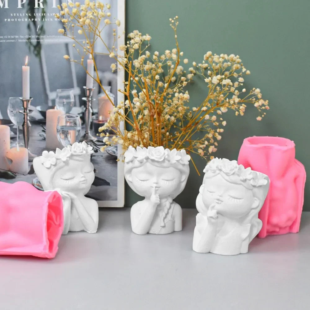 Concrete Vase Silicone Mold | DIY Handmade Girl Head Shaped Flower Pot | Plaster Epoxy Resin Pen Holder Molds | Home Decor Supplies