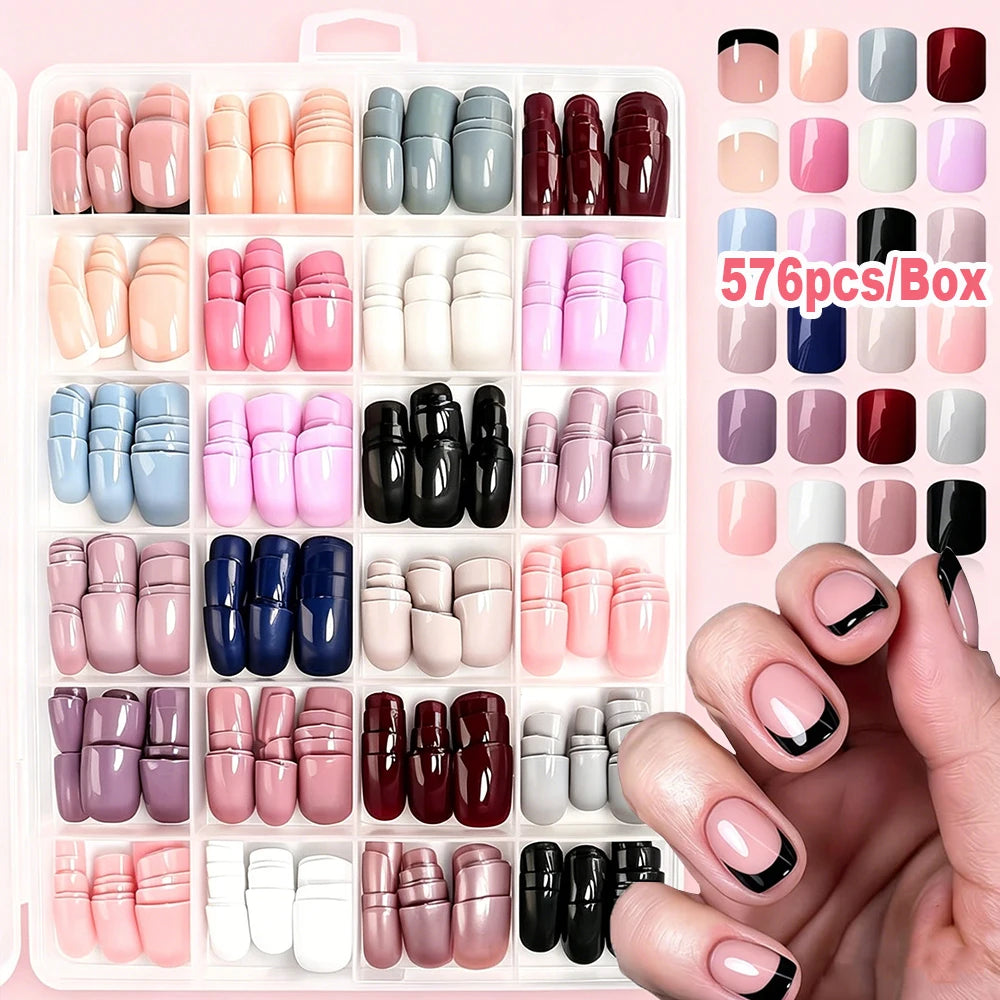 576PCS Colorful Press-On Fake Nails Set – Black & Red Oval/Square Short Full Cover Nail Tips for Salon-Style Nail Art