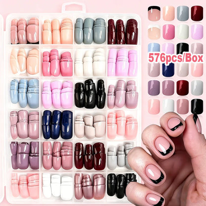 576PCS Colorful Press-On Fake Nails Set – Black & Red Oval/Square Short Full Cover Nail Tips for Salon-Style Nail Art
