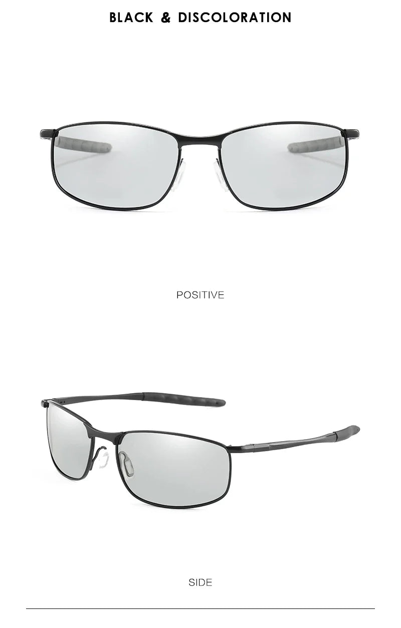 Photochromic Men’s Polarized Sunglasses – Metal Square Frame, UV400 Protection for Driving, Sports & Cycling