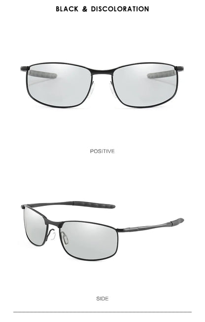Photochromic Men’s Polarized Sunglasses – Metal Square Frame, UV400 Protection for Driving, Sports & Cycling
