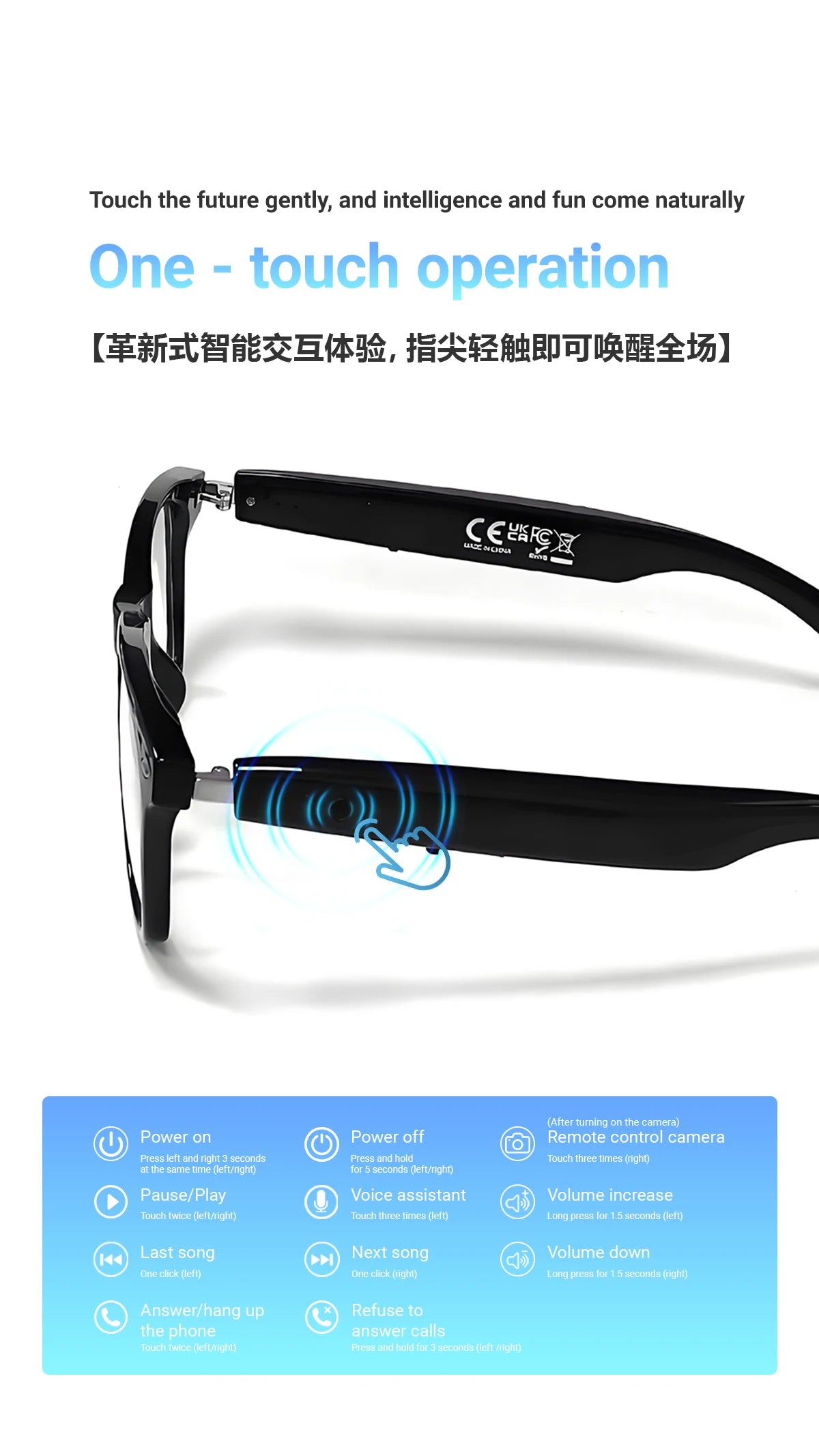 Smart Glasses with AI Translation – Supports 100+ Languages, Bluetooth TWS, Calls, Music, Noise Reduction & Light Control for Men & Women