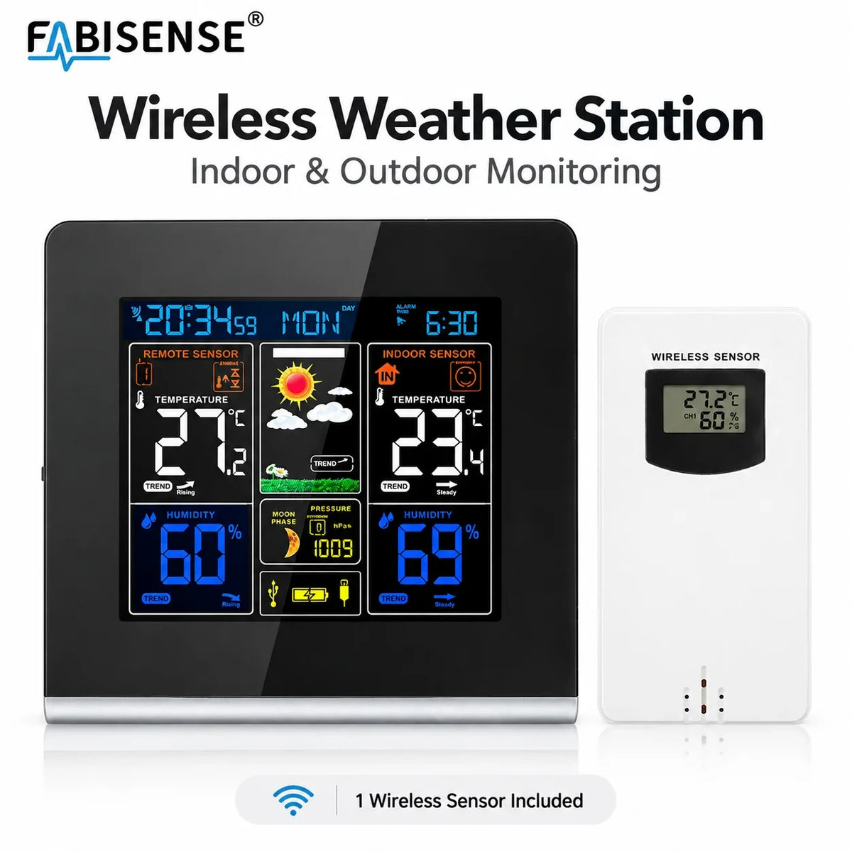 FABISENSE Wireless Weather Station - Indoor & Outdoor Thermometer Hygrometer with Forecast, Barometer, Moon Phase & USB Power