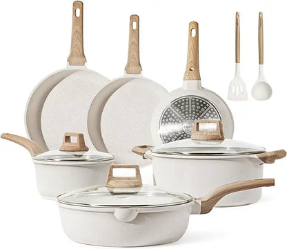 CAROTE 21 Piece White Granite Nonstick Cookware Set - Induction-Ready Pots, Pans, and Frying Pans