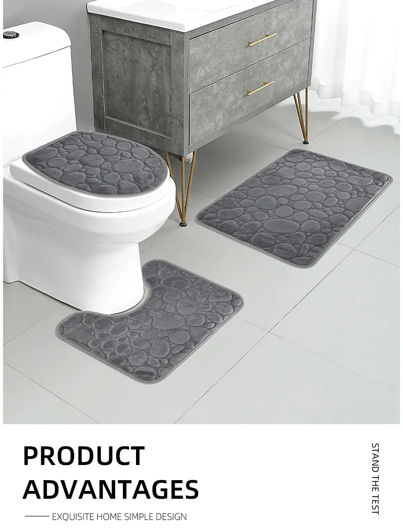 Solid Color Simple Bathroom Mat Set - Water-Absorbing, Non-Slip Stone Pattern, Comfortable & Soft (3PC)