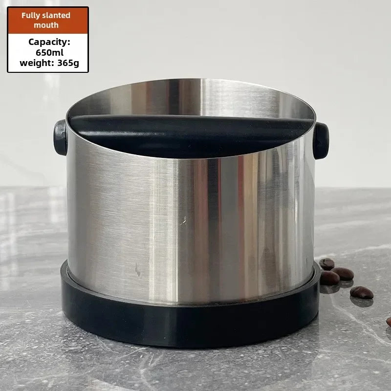 Stainless Steel Coffee Knock Box – Non-Slip Espresso Ground Bin with Rubber Ring and Beveled Design