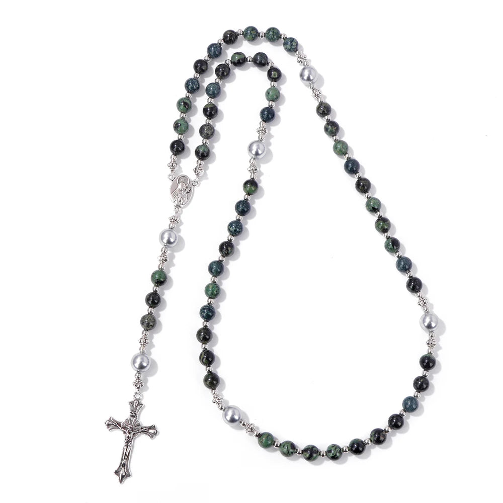 6mm Tiger Eye Rosary Beads Necklace – Catholic Jesus & Virgin Mary Pendant Long Knotted Chain Religious Jewelry for Men & Women