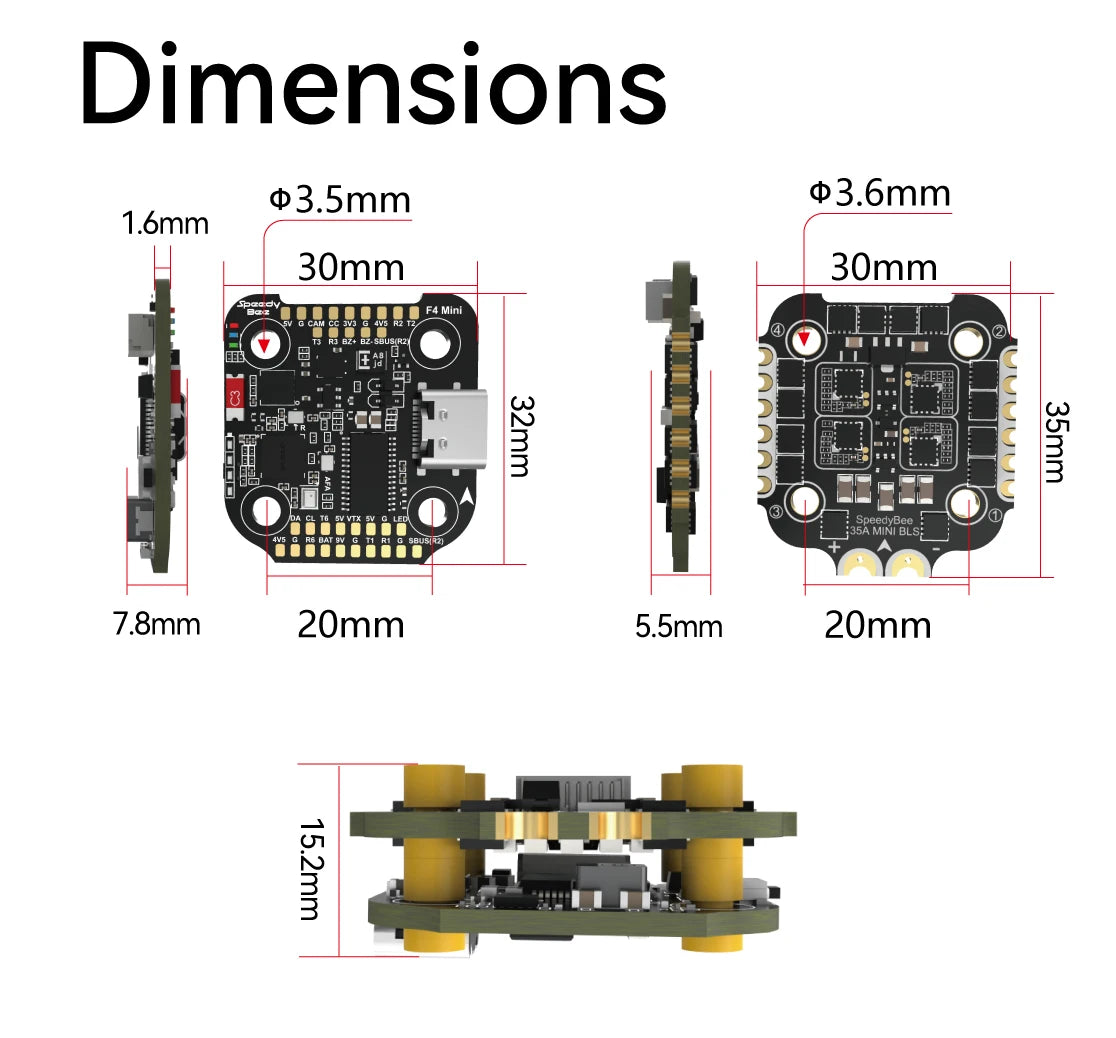 SpeedyBee F405 Mini Flight Controller + BLS 35A Mini V2 4-in-1 ESC — 20x20 for FPV Racing Drone