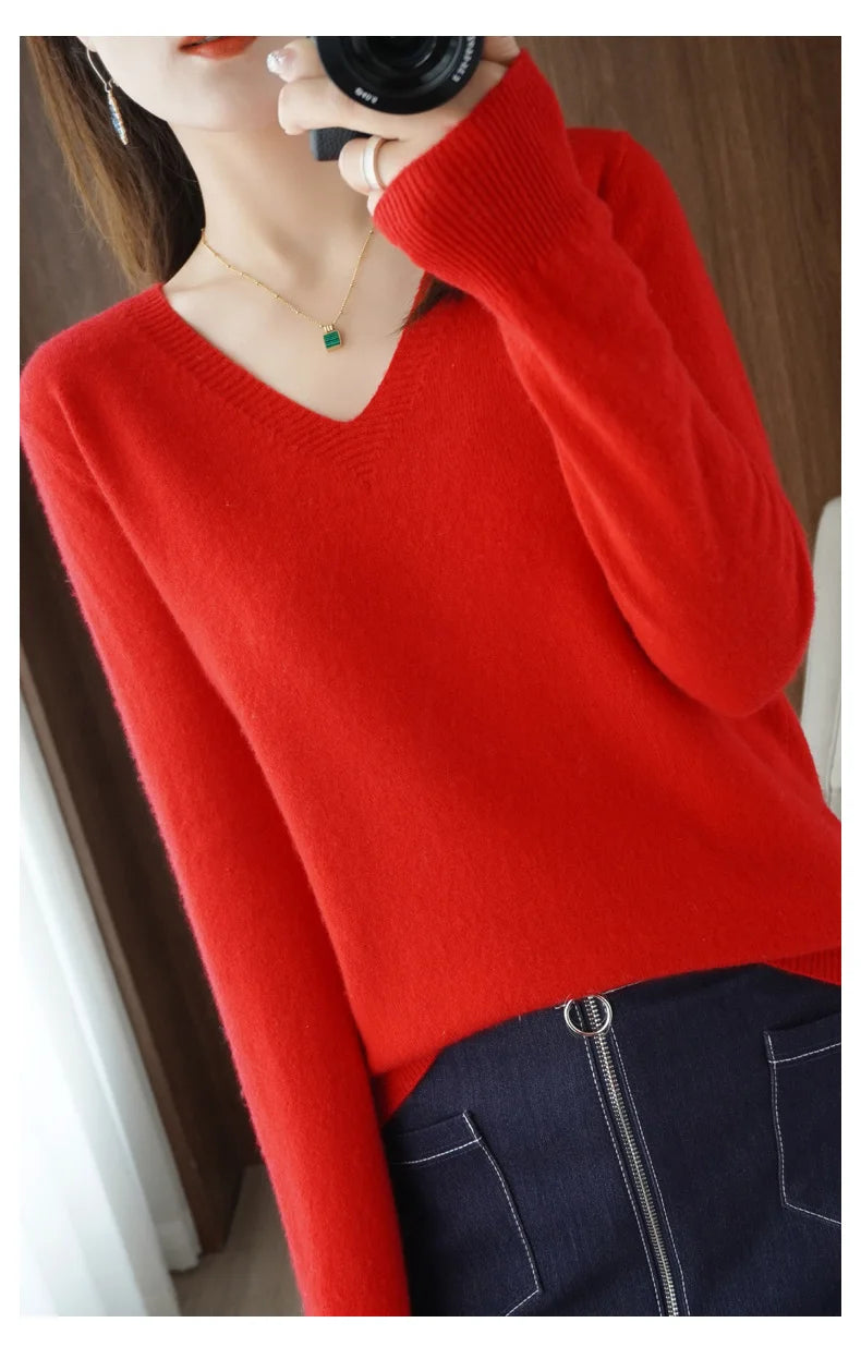 New Women’s Cashmere V-Neck Pullover – Lace Hollow Out Long Sleeve Knitted Sweater for Fall & Winter