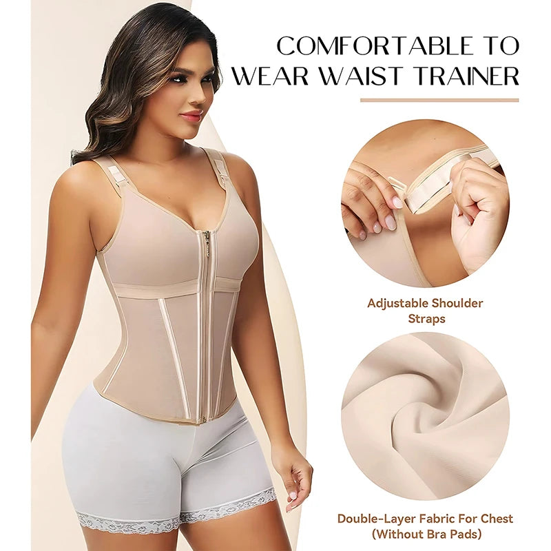 Double Compression Waist Trainer Corset – 17 Steel Bone Body Shaper Vest Bra, Flat Belly Slimming Fajas Colombianas