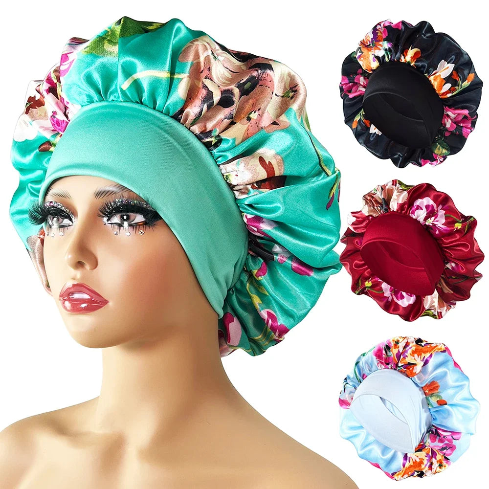 Large Satin Bonnet for Women - Flower Print Silk Sleep Cap with Elastic Band for Braids, Curly & High-Density Hair