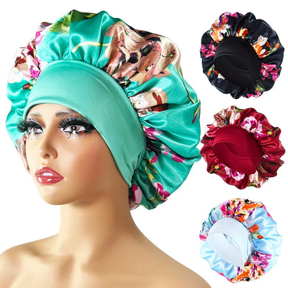 Large Satin Bonnet for Women - Flower Print Silk Sleep Cap with Elastic Band for Braids, Curly & High-Density Hair