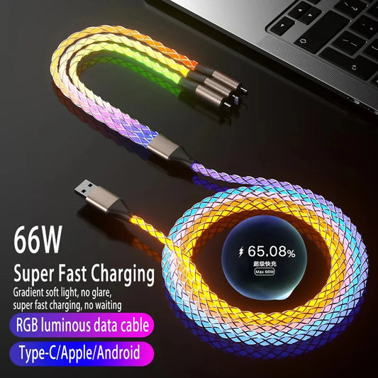3-in-1 66W Fast Charging Cable – RGB Light USB Type-C & Micro for iPhone 14 Pro Max, Xiaomi, OnePlus & POCO X6