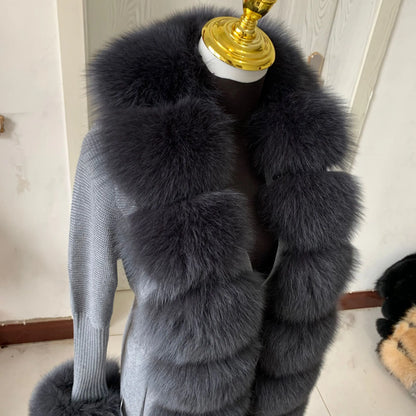 Women’s Spring & Autumn Sweater Cardigan – Real Fox Fur Collar Jacket, Natural Fur Outerwear