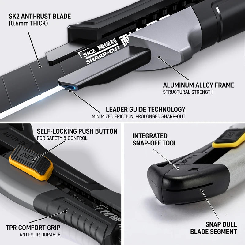 Pro Aluminum Utility Knife 18mm - SK2 Black Blade Heavy-Duty Box Cutter with 10 Replacement Blades