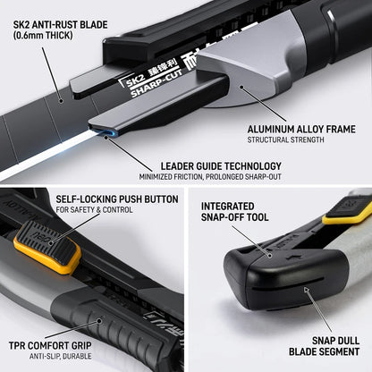 Pro Aluminum Utility Knife 18mm - SK2 Black Blade Heavy-Duty Box Cutter with 10 Replacement Blades