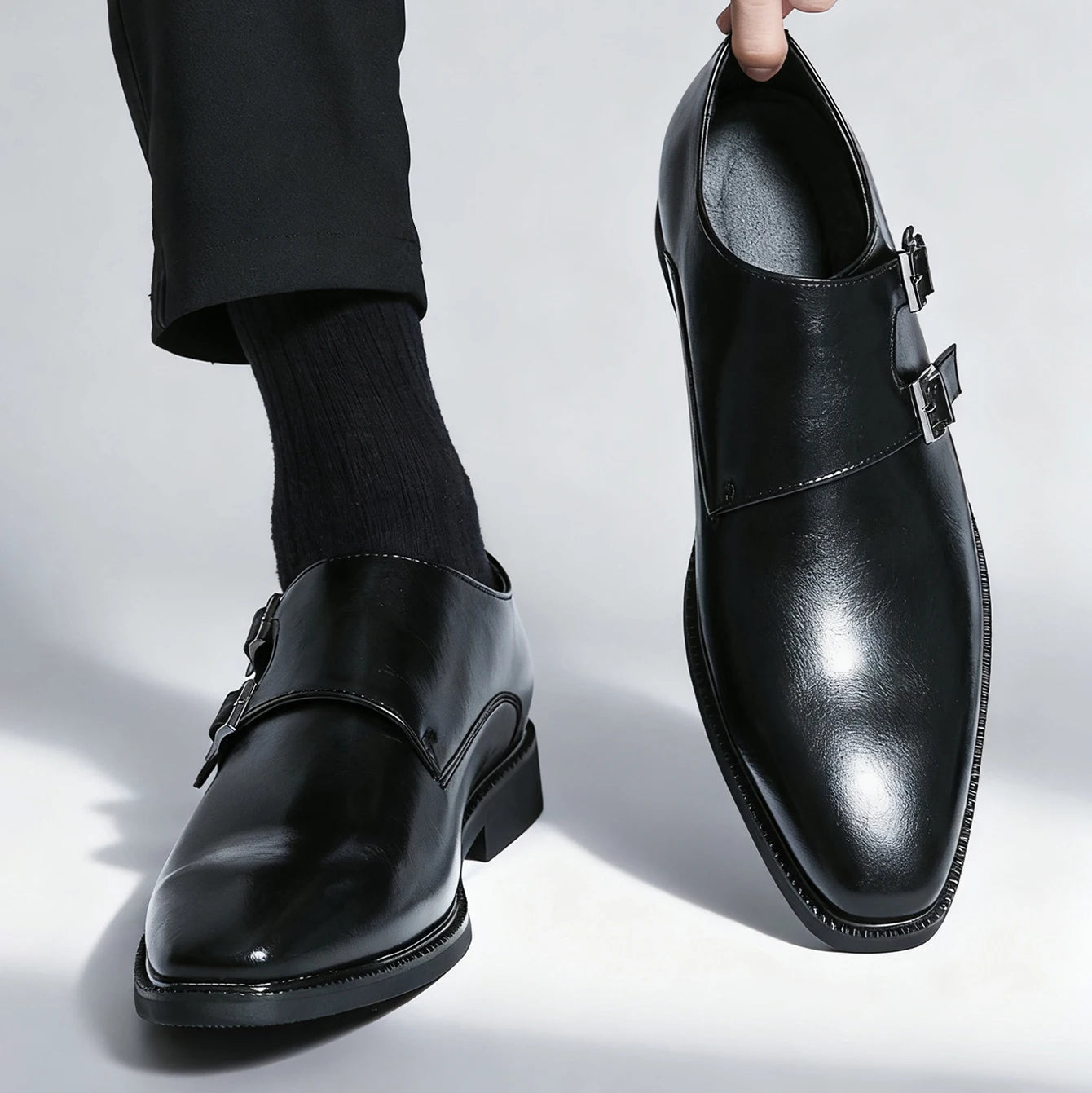 Men’s Retro Monk Strap Dress Shoes - Pointed Toe Leather Oxfords for Business, Office & Wedding