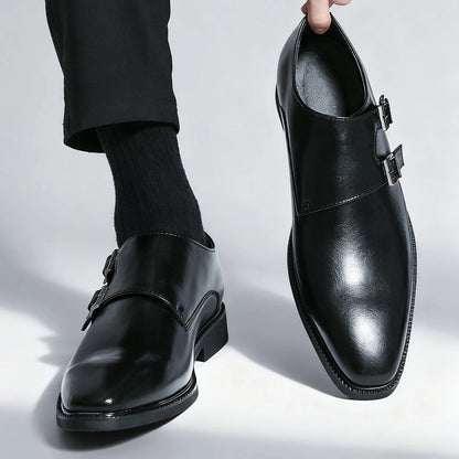 Men’s Retro Monk Strap Dress Shoes - Pointed Toe Leather Oxfords for Business, Office & Wedding