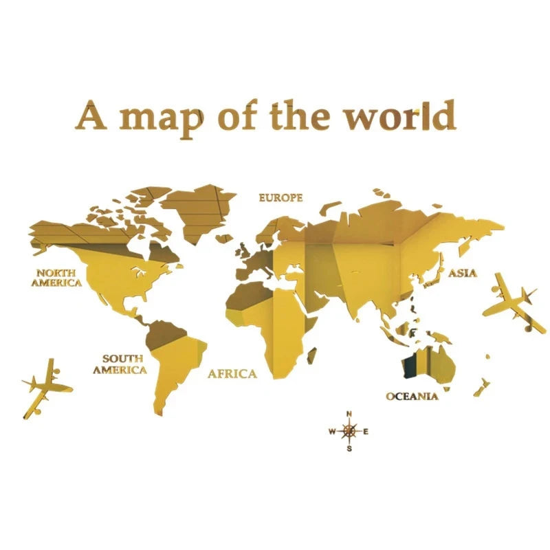 3D Acrylic World Map Wall Stickers – Three-Dimensional Mirror Decals for Bedroom & Office Decoration