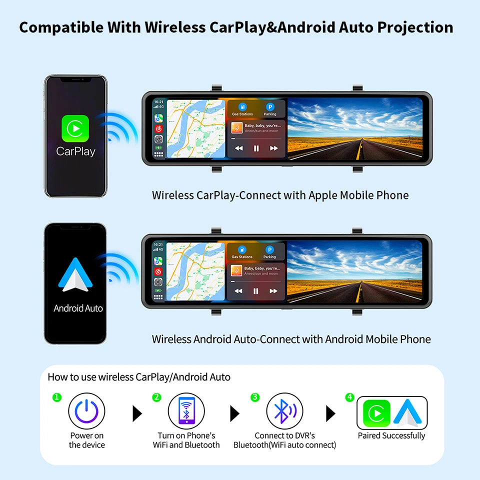 Imagebon 12" 4K Car Mirror – Wireless CarPlay, Android Auto, ADAS, Rearview Camera, GPS, FM, Night Vision Video Recorder