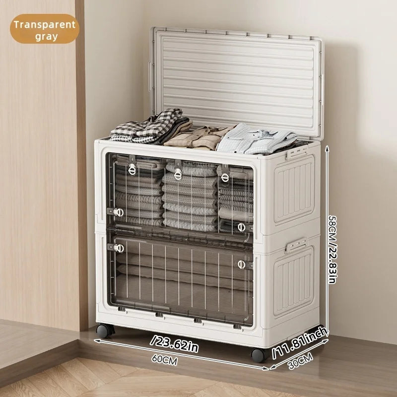Large Capacity Foldable Storage Bin - Transparent Mobile Organizer with Wheels for Clothes & Toys