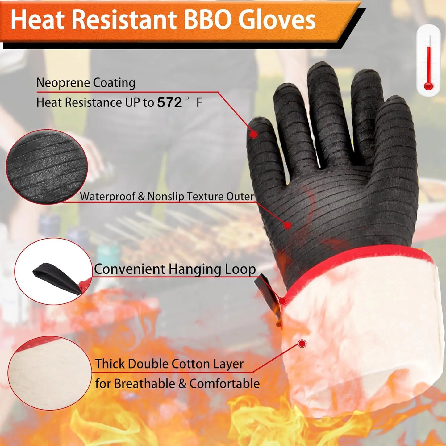 Heat Resistant BBQ Gloves - Waterproof Long Sleeve Fireproof Grill, Oven, Fryer & Smoker Gloves