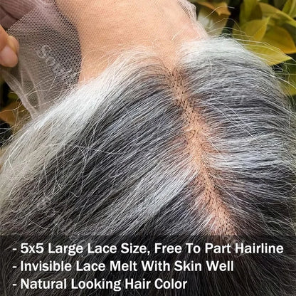 Soul Lady Salt & Pepper 5x5 Glueless HD Lace Closure Wig – Body Wave Bob, Silver Grey Loose Wave Human Hair for Black Women