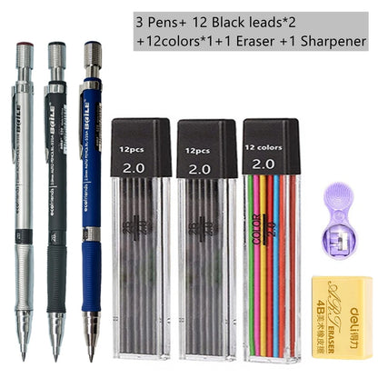Mechanical Pencil Set 2.0mm – Automatic Pencil with 2B Black & Colored Lead Refills for Writing, Sketching, & Art Drawing