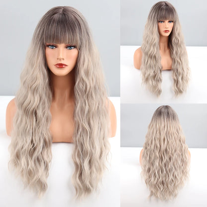 Long Wavy Green Synthetic Wig – Heat-Resistant Women's Cosplay, Party, Lolita Style, Half Part, Red/Black/Pink
