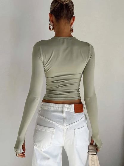 Fashion Women's Long Sleeve T-Shirt - Crew Neck Solid Slim Fit Crop Top with Thumb Holes for Daily Summer Streetwear