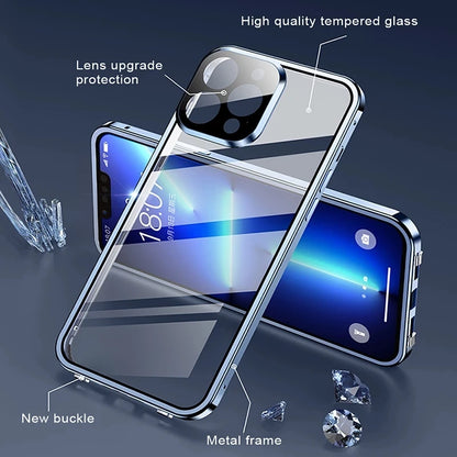 360° Full Protection Magnetic Metal Phone Case - Double-Sided Glass Cover with Lock Buckle for iPhone 11-16 Pro Max