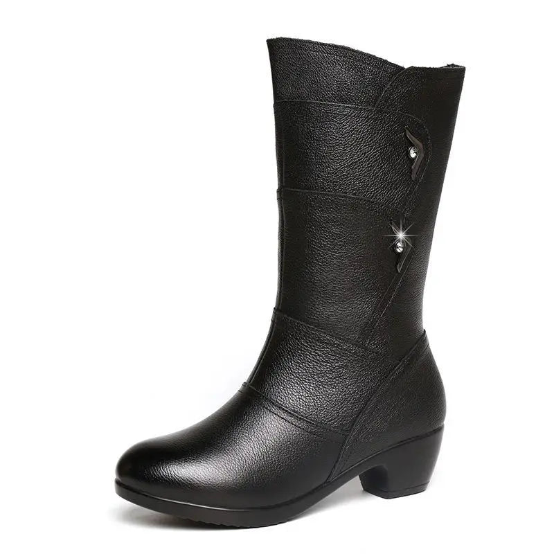 2024 Women’s Fashion Mid-Calf Boots – Waterproof Leather, Anti-Slip Zipper Winter Footwear
