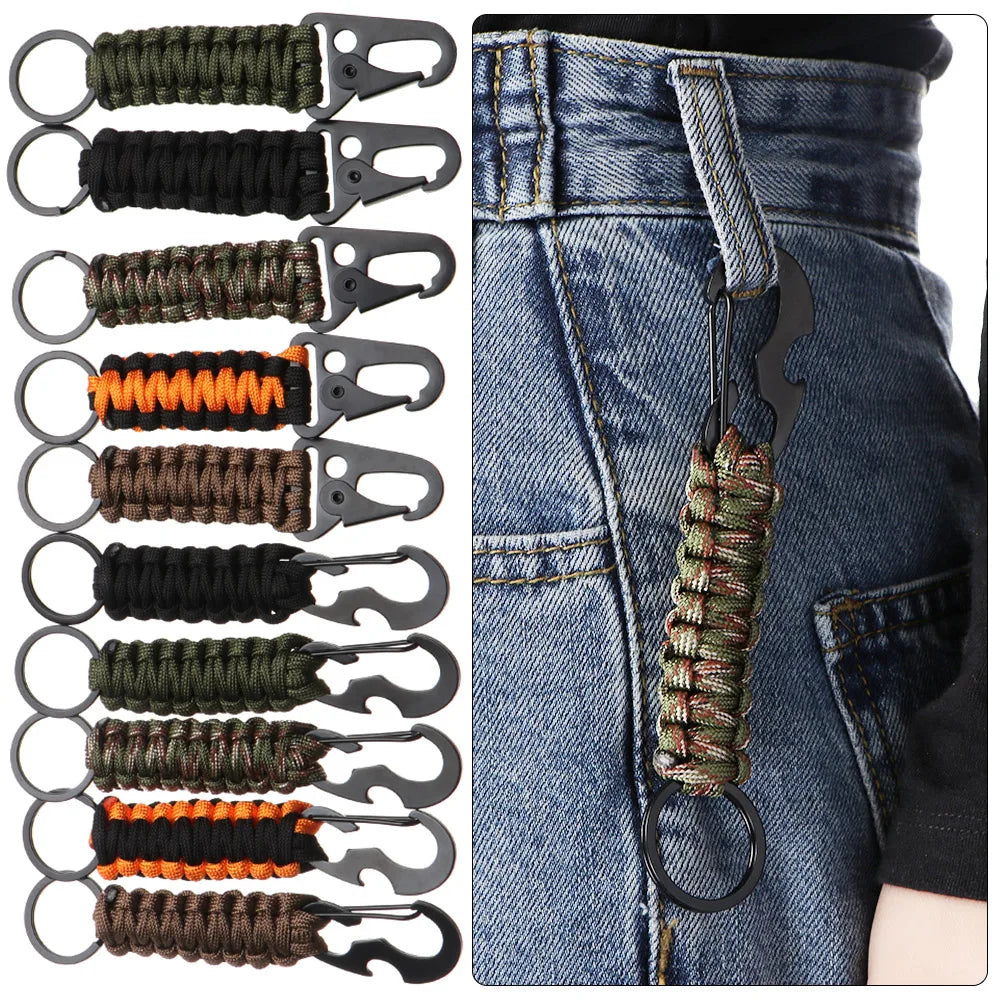Outdoor Military Paracord Keychain: Camping Carabiner with Survival Tools - Emergency Knot, Bottle Opener, Rope, and Key Ring