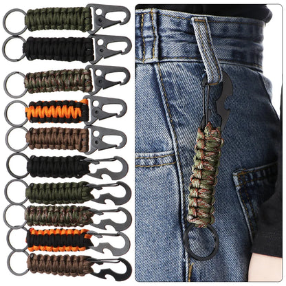 Outdoor Military Paracord Keychain: Camping Carabiner with Survival Tools - Emergency Knot, Bottle Opener, Rope, and Key Ring