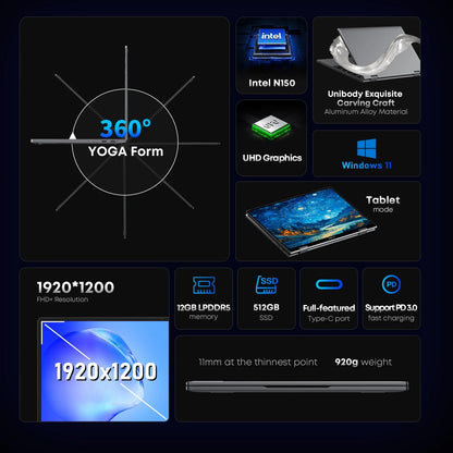 CHUWI MiniBook X 2-in-1 Laptop Tablet, Intel N150 CPU, 10.51" FHD IPS Screen, 12GB RAM, 512GB SSD, Windows 11