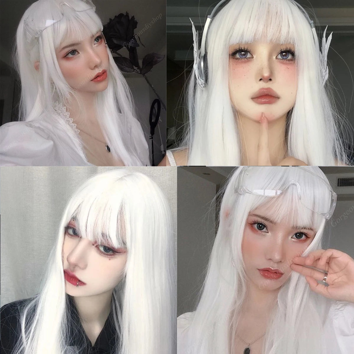 LOUIS FERRE Straight White Synthetic Wig – Long Natural Hair Wig with Bangs, Heat Resistant, Daily Wear for White Women