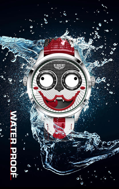 LIGE 2025 Men’s Creative Clown Quartz Watch – Waterproof Leather Strap Joker Fashion Wristwatch