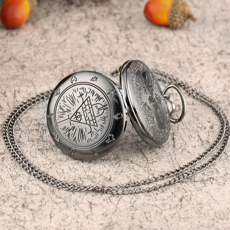 Eye of Providence Triangle Devil Quartz Pocket Watch - Gravity Bill Cipher Fall Time Gem Necklace Pendant Clock Gift