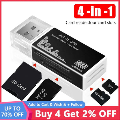 4 in 1 USB 2.0 Multi Card Reader - Memory Adapter for Micro SD, T-Flash, M2, and Memory Stick Pro Duo Cards