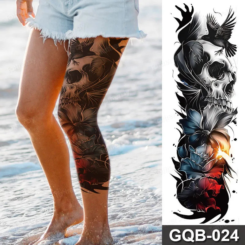 Full Arm Dragon Skull Tattoo Sleeve - Waterproof Temporary Body Art Sticker with Clock Compass Flower Design for Men & Women