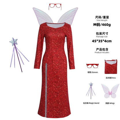 Shrek Fairy Godmother Cosplay Costume - Red Glitter Slit Dress with Wings, Glasses & Magic Wand for Halloween Parties