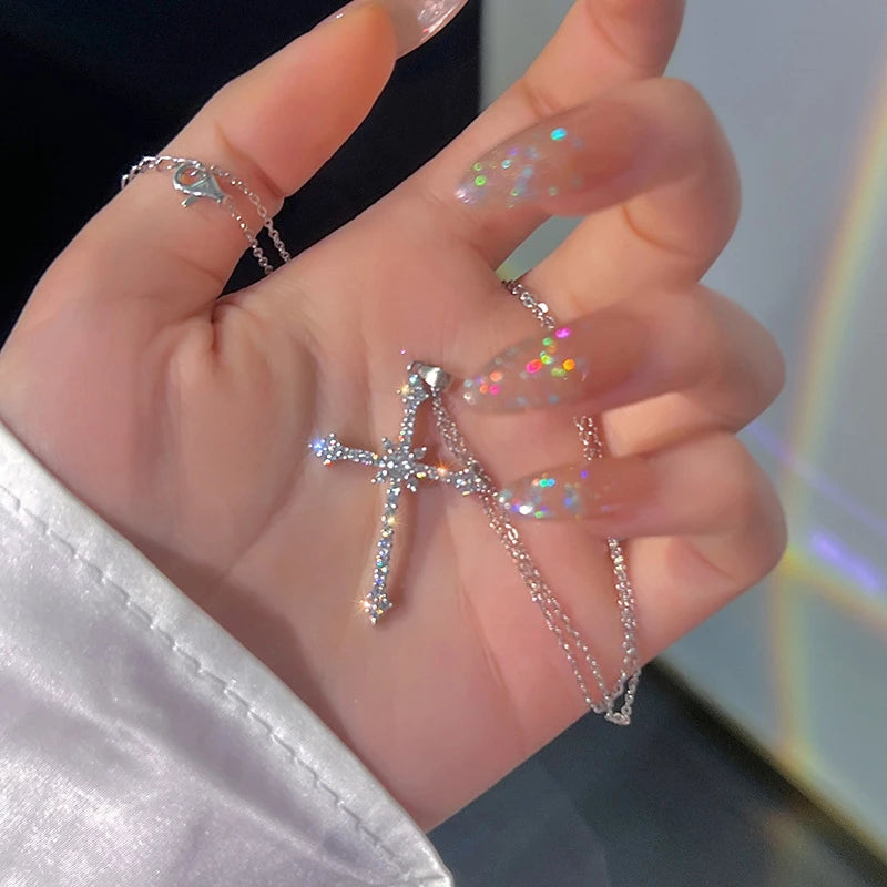 Women’s Crystal Zircon Cross Necklace - Trendy Chain Choker Pendant Jewelry for Party and Gift Style