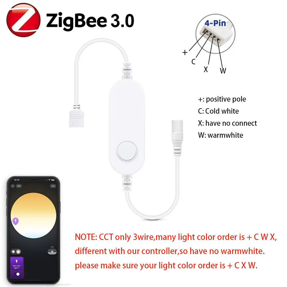 Zigbee 3.0 Smart LED Strip Controller, DC 5V/12V/24V Dimmer RGB/RGBW/RGBCCT CCT Single Color, Compatible with Tuya, Alexa & SmartThings, 2Mqtt Support